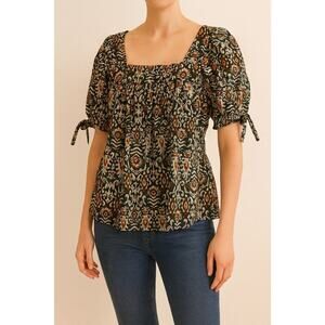 Nordstrom DR2 Boho Puff Sleeve Blouse Small Multicolor Ikat Print Cotton Top